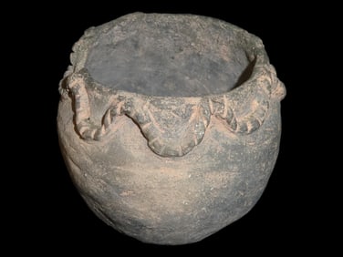 4 3/8' Tall x 5 1/8' DIameter Pre Columbian Pottery Vessel, Detailed Decoration Around the mouth