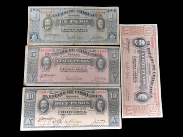 Grouping of Pesos, 1 (Un) Peso, 5 (Cinco) Pesos, 10 (Diez) Pesos, 20 (Veinte Pesos), Chihuahua, Mexi
