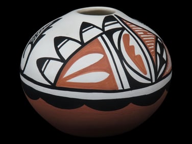 Decorated Red Orange Toned Clay Pot with Black, White and Red Orange Design