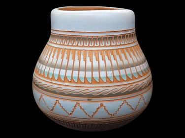 Decorated Red Orange Toned Clay Pot with Light Purple and Teal Blue Design and Carving