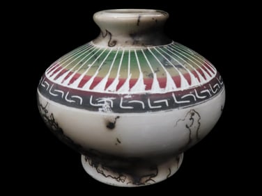 Decorated White Toned Clay Pot with Black Veining, Orange, Red, and Black Design and Carving