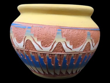 Small Decorated Clay Pot with internal High Polish Glaze with Orange, Blue, Red Orange, and Yellow O