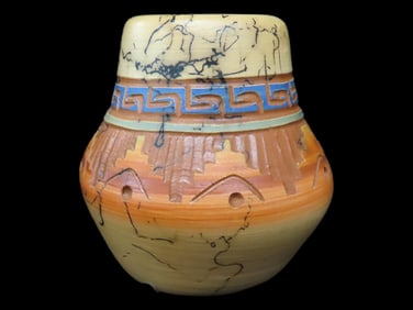 Small Red Horse Hair Pot with Light Orange, Dark Red, Orange, Blue, and Green Design and Carving