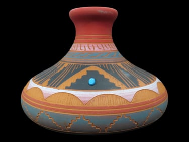 Clay Pot with Red, Orange, Teal, Black, and White Design and Carving with a Turquoise Embellishment