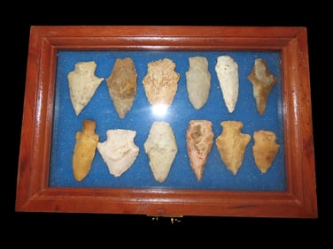 6 X 9' Cherry Frame with 12 Arrowheads, Found in Butler Co., MO