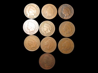 10 Indian Head Pennies, USA Early American Currency