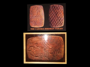 Wooden Plate and Corresponding Postcard of Cahokia's Birdman Tablet