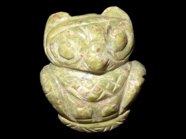 1 3/16' Tall, Pre Columbian Tairona Owl Pendant, Effigy, Green Jade