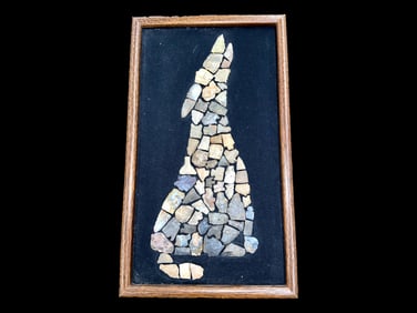 'Howling Coyote' artwork made with heartbreaker arrowheads. 16 3/4' x 9 3/4'