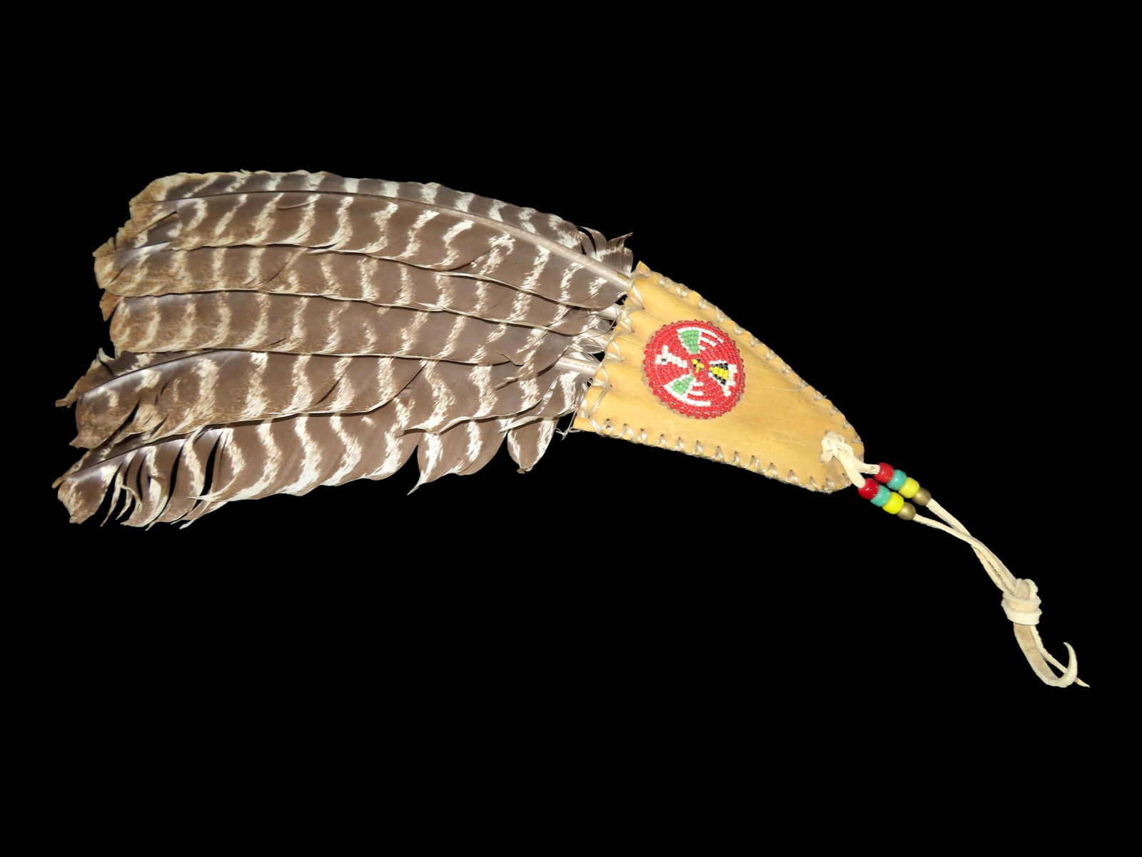 15 X 6 3/4" Leather Beaded NAtive American Fan: 15 X 6 3/4" Leather Beaded NAtive American Fan