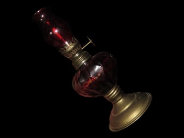 6" Ruby Red Glass and Brass Oil Lamp