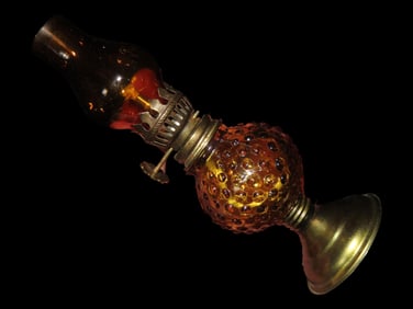 5 3/4" Amber Hobnail Glass and Brass Oil Lamp