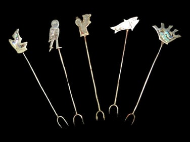 Set of 5 Vintage 80"s Abalone and Silver Cocktail Picks/ Cheese Picks /Appetizer Picks/ Hors D"oeuvr