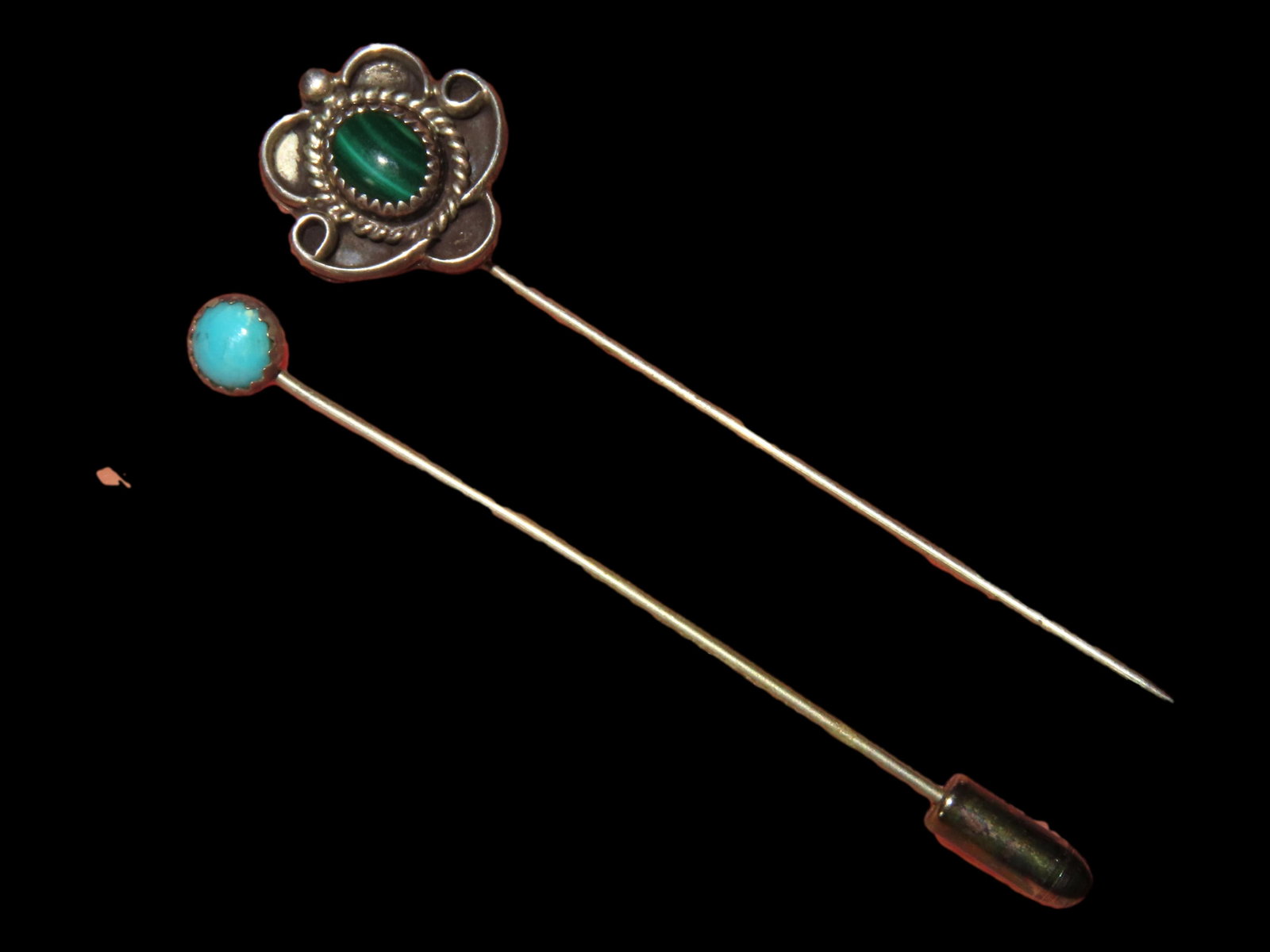 Set of 2 Vintage Stick Pins, Malachite is signed, and Turquoise color stone (1 of 3)