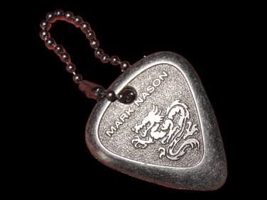 Mark Nason metal guitar pick / holed pendant - with dragon design