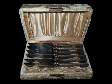 Vintage Lot Of 6 Antique 1847 Rogers Bros Silverplate Fruit Cheese Knives Heavy Floral, Satin Lined 