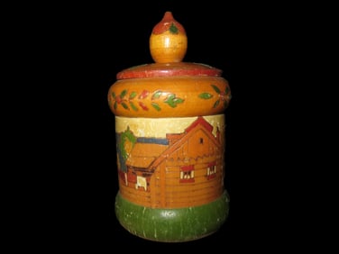 Vintage Folk Art Wooden Carved and Painted Tobacco Canister