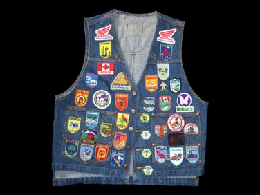 Denim Vest, XL, Covered in State, National Park, National Monument, Canadian, and Honda Gold Wing Pa