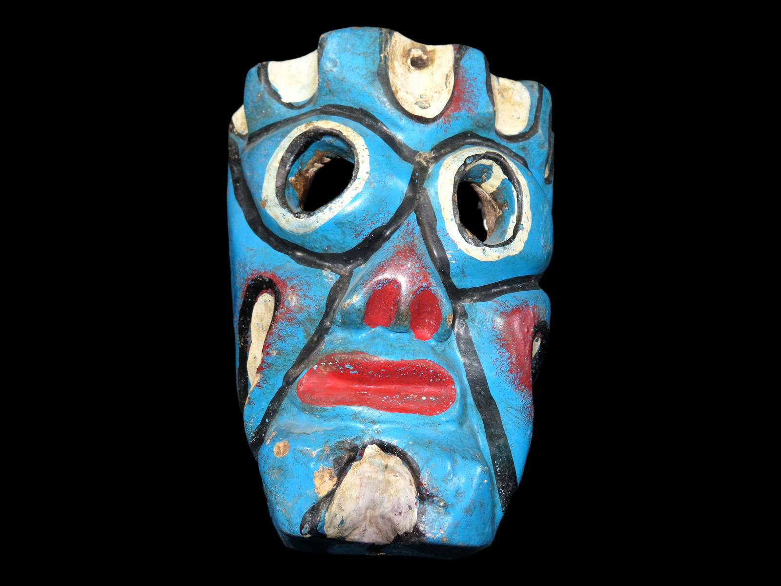 8" X 5 3/4" X 4 1/4" Authentic Carnival Mask, 20th Century Mexico, Blue-Faced Human Effigy, Carved (1 of 6)
