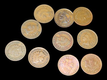 10 Indian Head Pennies, USA Early American Currency