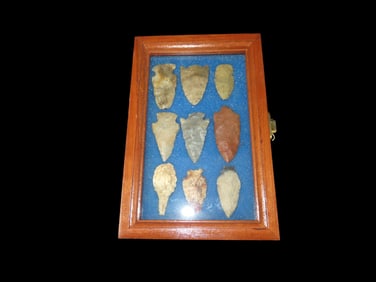 6" X 9" Cherry Frame with 9 Solid Arrowheads from the Midwest