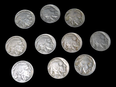 10 Indian Head Buffalo Nickels USA, Early American Currency