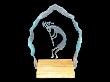 Kokopelli Dancer etched into Glass, on wooden base