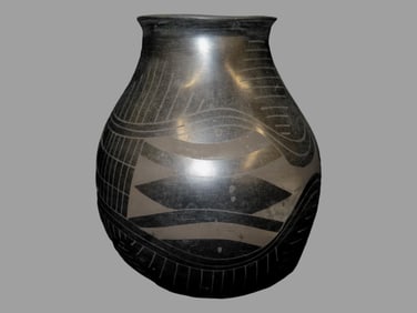 Black on Black Native American Pottery Vessel, 7.1/4" Tall, No Signature, Solid