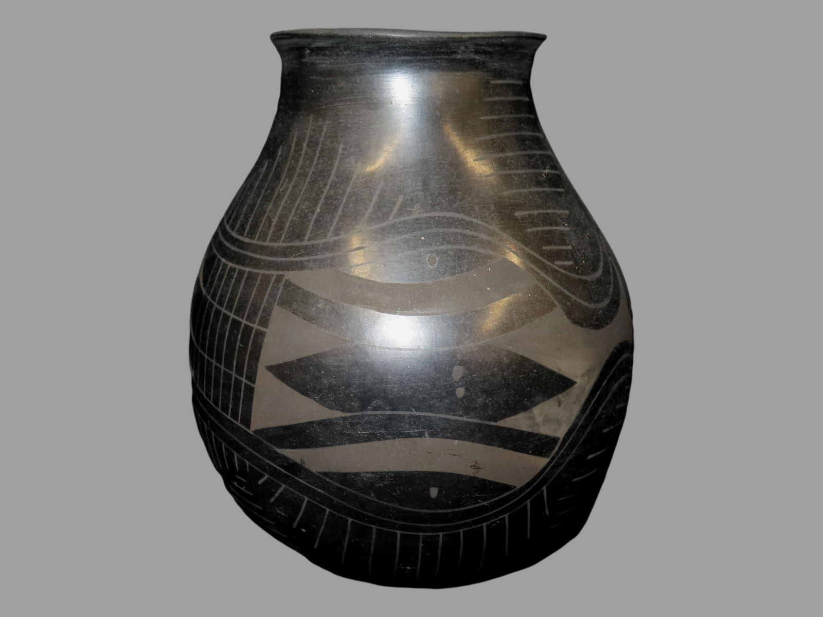 Black on Black Native American Pottery Vessel, 7.1/4" Tall, No Signature, Solid