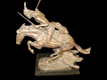 Amazing Frederic Remington Bronze, titled "Cheyenne", Native American on Horseback with a spear.