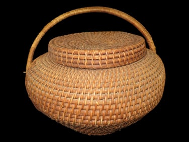 Huge Bell Wicker Basket with Lid, 19" Dia. Mid 20th Century
