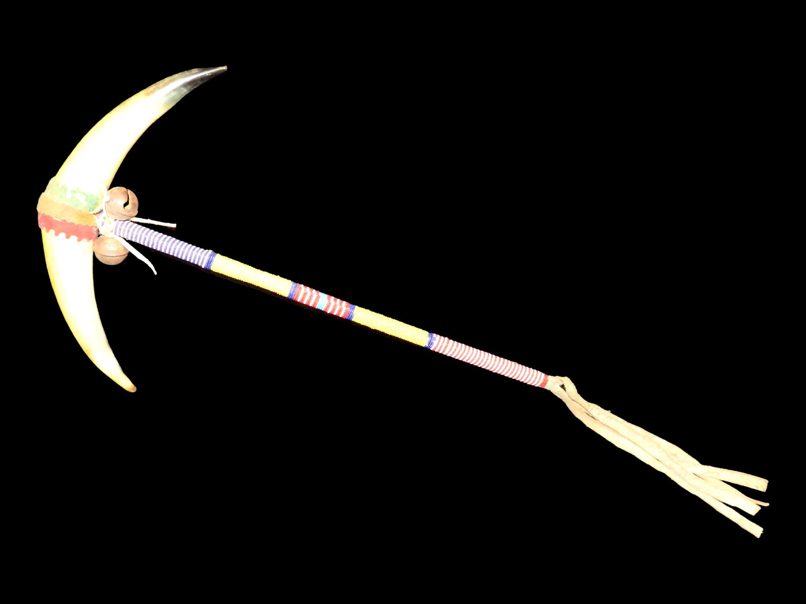 Dance Rattle, Mid 20th Century, Beaded Handle and Horn Head, About 18" long without fringe. (1 of 8)