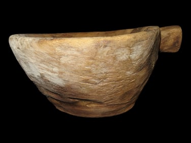 Large Hand Carved Wooden Bowl with Lug Handle 11 1/4" Di, Late 19th Century