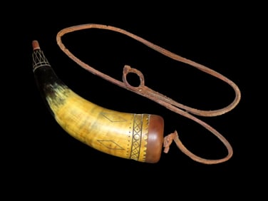 Antique Powder Horn with Old Scrimshaw Art