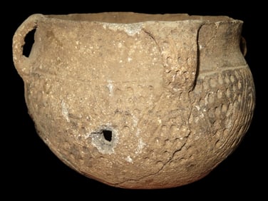 4 3/4" Punctate Prehistoric Strap Handled Native American Pot