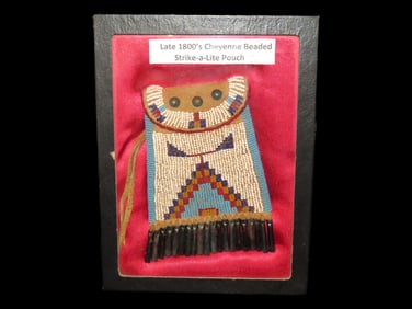 11 x 6" Framed Late 1800s Cheyenne Beaded Strike-a-light Pouch