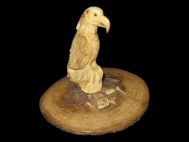 Rare Carved Eagle Cribbage Board-Walrus Tusk, Whale Vertebrae Base, 24k Gold Eyes-SIGNED