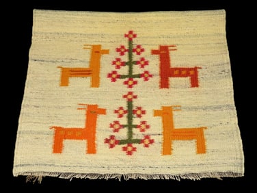 34 7/8" x 20 7/8" Lama and Crosses, Peruvian Religious Textile Rug