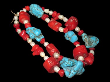 Antique Coral, Turquoise, and Mother of Pearl Necklace