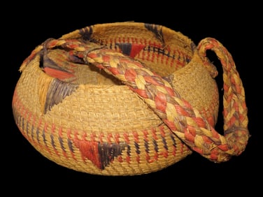 9" x 3 1/2" Pre-Columbian Basket, Vividly Colorful, Braided Fiber Strap w/Attached Lid, from Peru