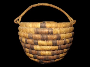 4 3/4" x 7" Hopi SW Arizona Native American Geometric Deep Coil Basket With Handle