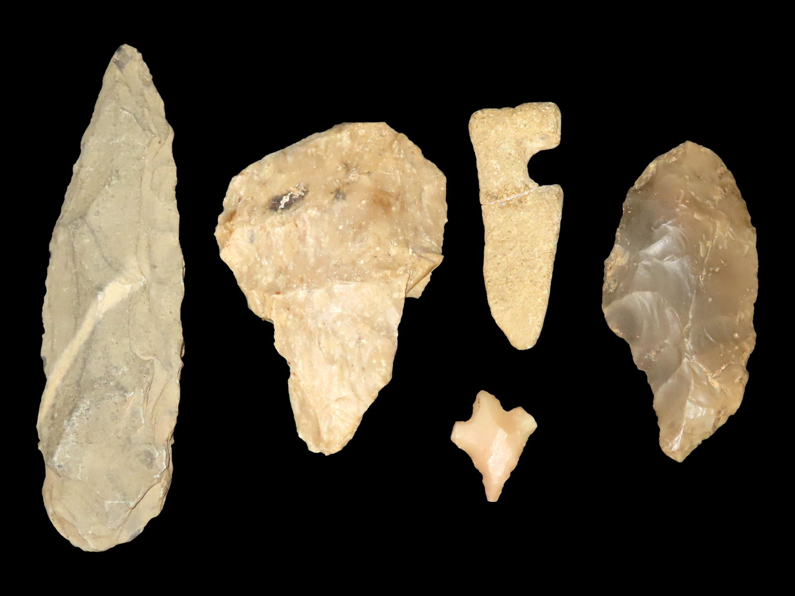 Lot of Miscellaneous Flint -i.e.-Blades, Common Arrowheads, Bird Points, and/or Gouges/Adzes (1 of 4)