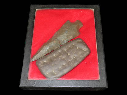 Ryker Case containing Heartbreaker Broken and Glued Point, and section of Carboniferous Fossil worn: Ryker Case containing Heartbreaker Broken and Glued Point, and section of Carboniferous Fossil worn smooth from use as a tool.
