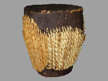 10 3/4" x 11" African membranophone goblet drum. Handmade, tribal instrument rawhide