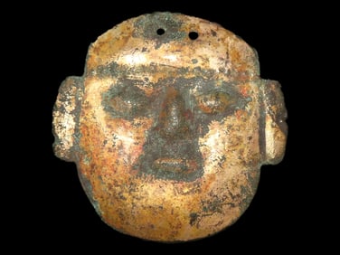 3 1/8" x 3 3/16" Pre-Columbian Moche Tumbaga Mask Pendant, Motley COA, found in Peru