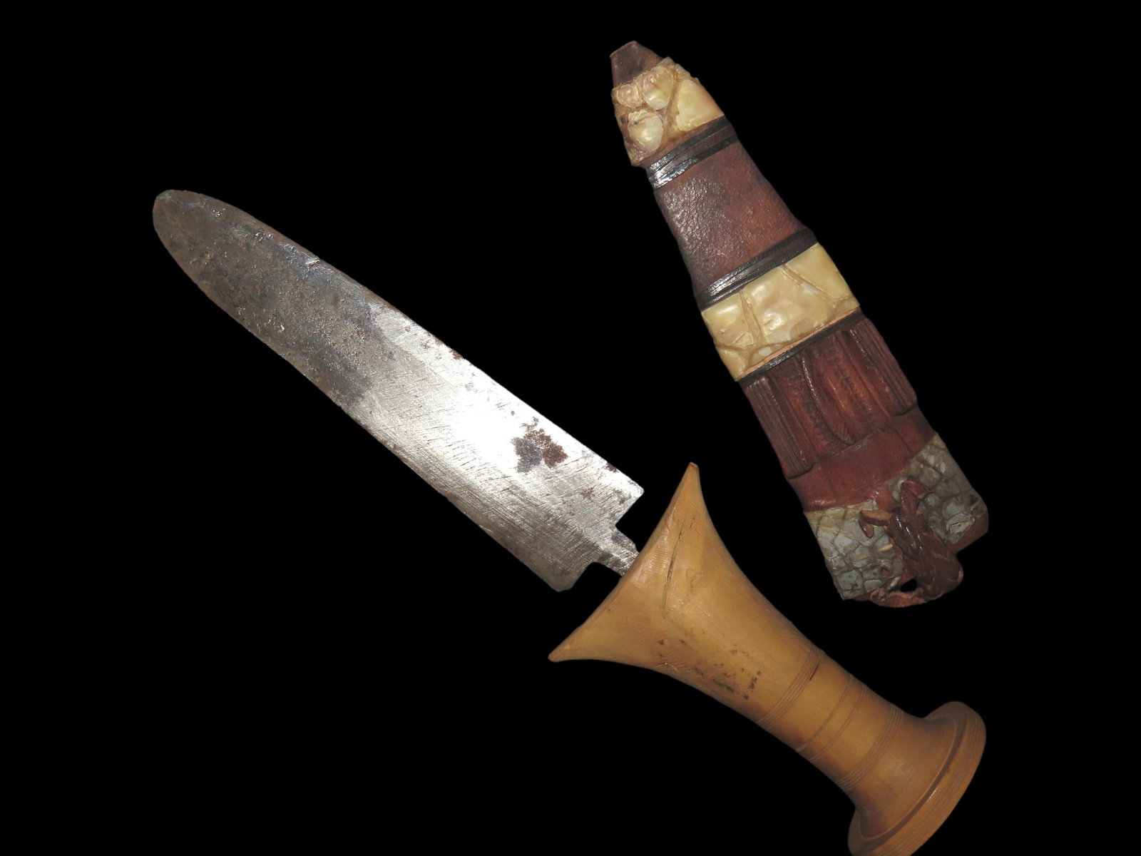 9" Rare Sudanese Arm Dagger, Africa, Highly Embellished Sheath with Crocodile and Snake Skin, Shells (1 of 10)