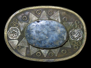 2 3/4" Silver Metal Pill/Snuff Box, with Lapis Lazuli Ornamentation and Intricate Designs