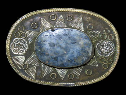 2 3/4" Silver Metal Pill/Snuff Box, with Lapis Lazuli Ornamentation and Intricate Designs: 2 3/4" Silver Metal Pill/Snuff Box, with Lapis Lazuli Ornamentation and Intricate Designs