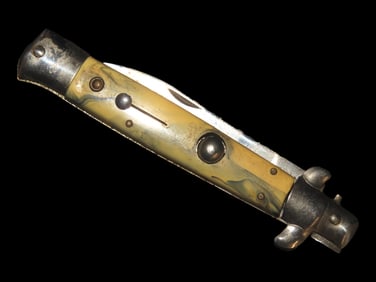8 1/4" Vintage Rostfrei #440 Push Button Switchblade Knife, Made in Italy, Marble-look Bakelite