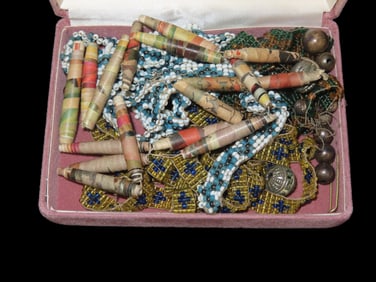 Small Jewelry Box Containing strand of Paper Beads, and Hand Beaded trim pcs, and several